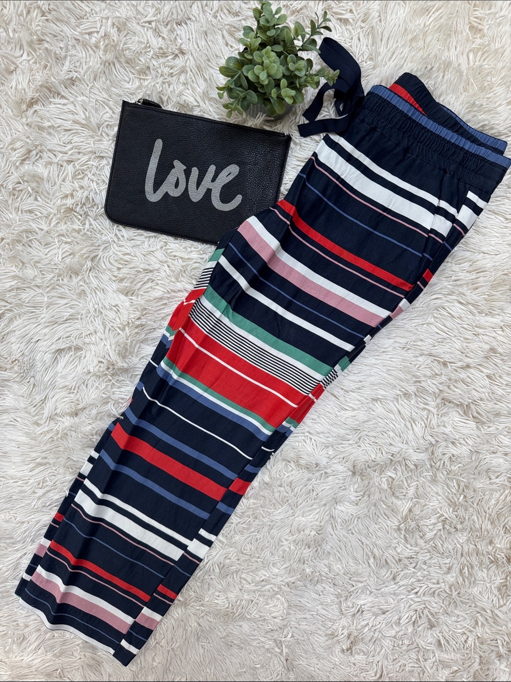 Loft Cropped Stripe Drawstring Pants 💗 Navy with Red & Green Stripes